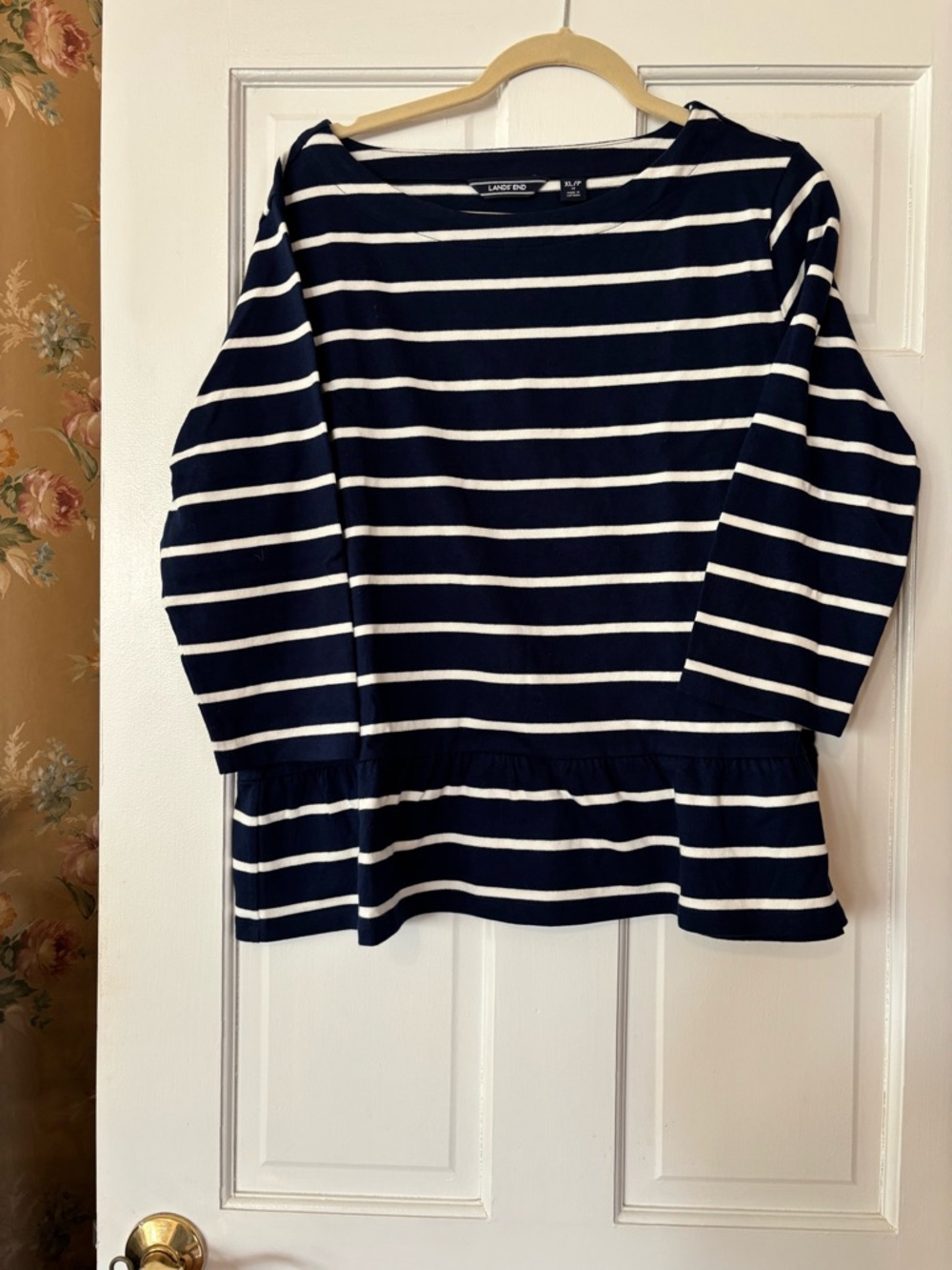 Lands' End Navy and White Striped Peplum Boatneck Top